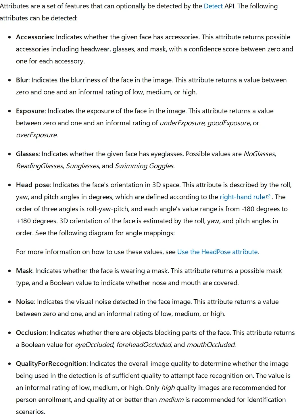 Microsoft Learn list of the nine attributes Azure Face can return: accessories, blur, exposure, glasses, head pose, mask, noise, occlusion, and quality for recognition