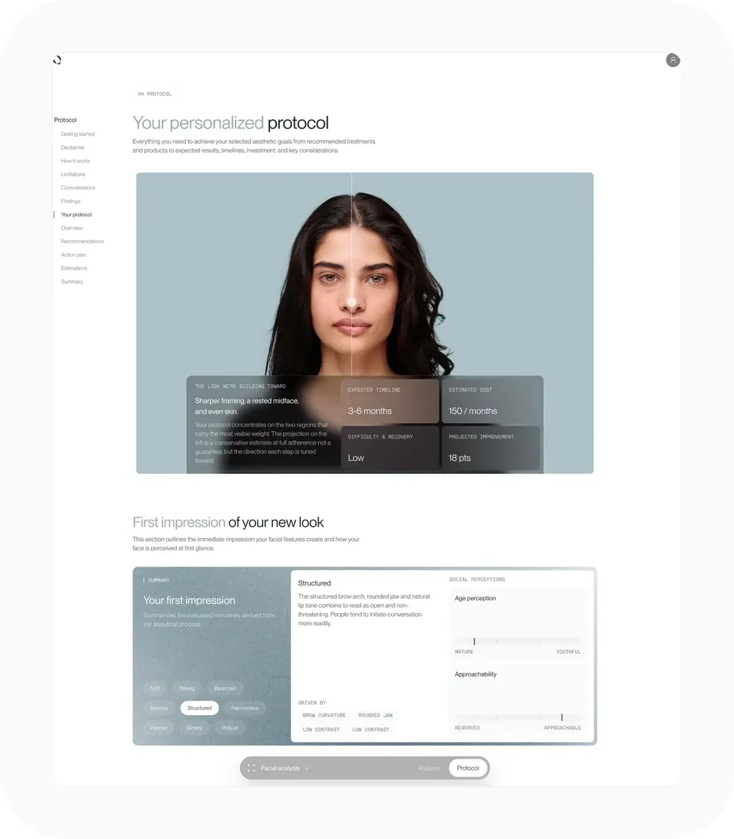 QOVES personalized protocol page showing a projected look, an expected timeline and an estimated cost
