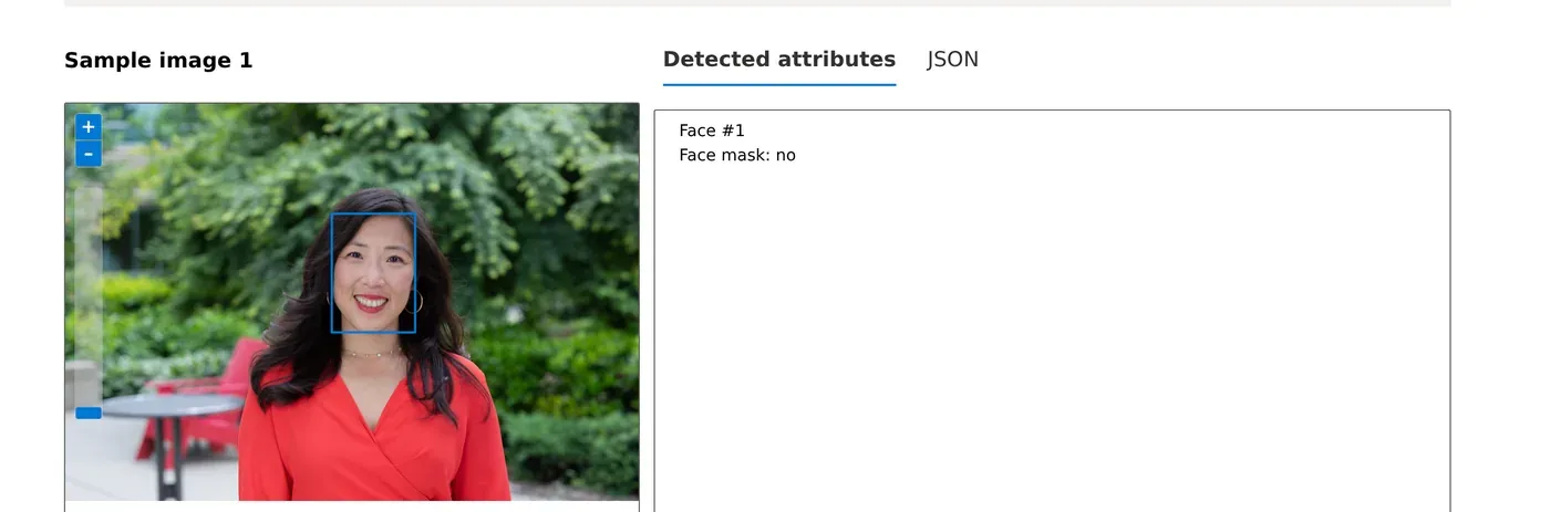 Microsoft's own Vision Studio demo running Azure Face on a sample portrait: the face is boxed and the entire Detected attributes output reads Face #1, Face mask: no