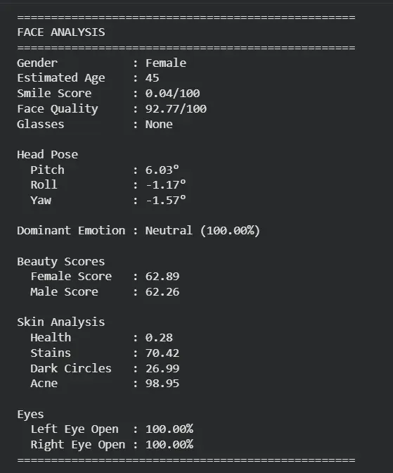 Terminal output from a Face++ Detect call returning gender female, estimated age 45, face quality 92.77 out of 100, and beauty scores of 62.89 female and 62.26 male for one face