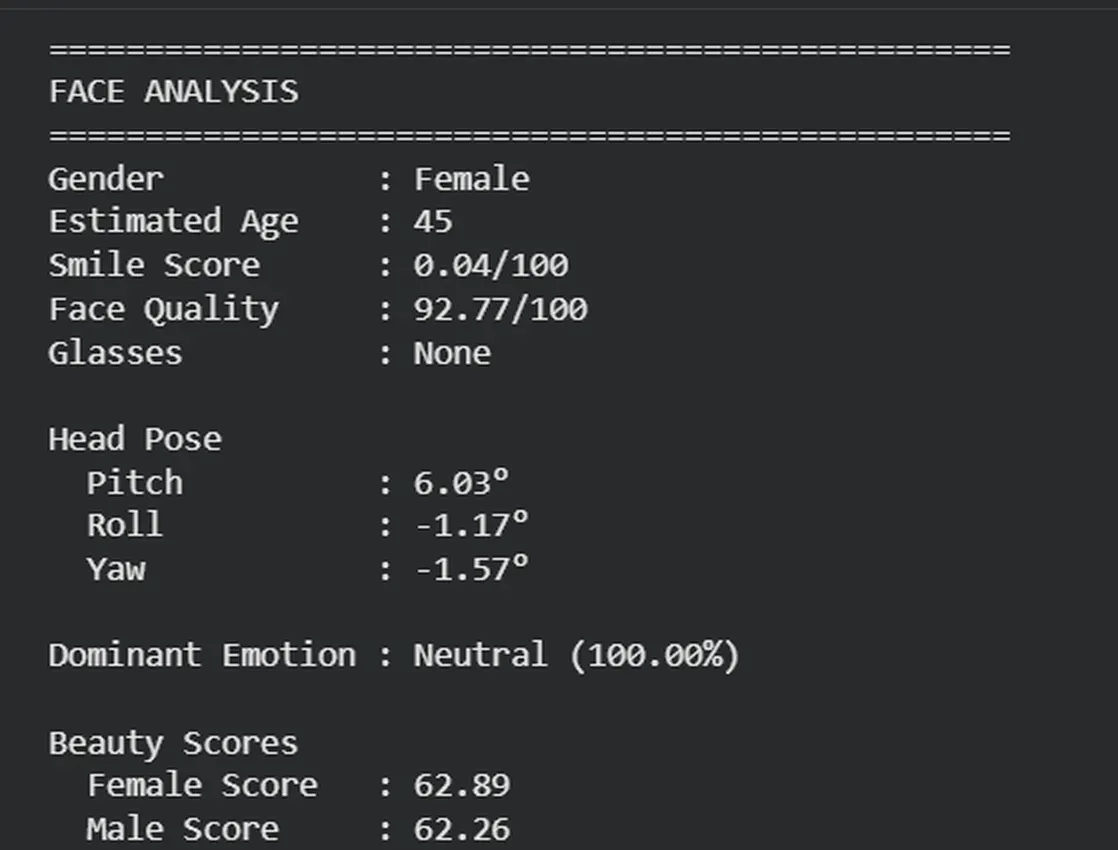 Face++ Detect output showing gender, estimated age, face quality and beauty scores of 62.89 female and 62.26 male for a single face Face++ Detect output showing gender, estimated age, face quality and beauty scores of 62.89 female and 62.26 male for a single face