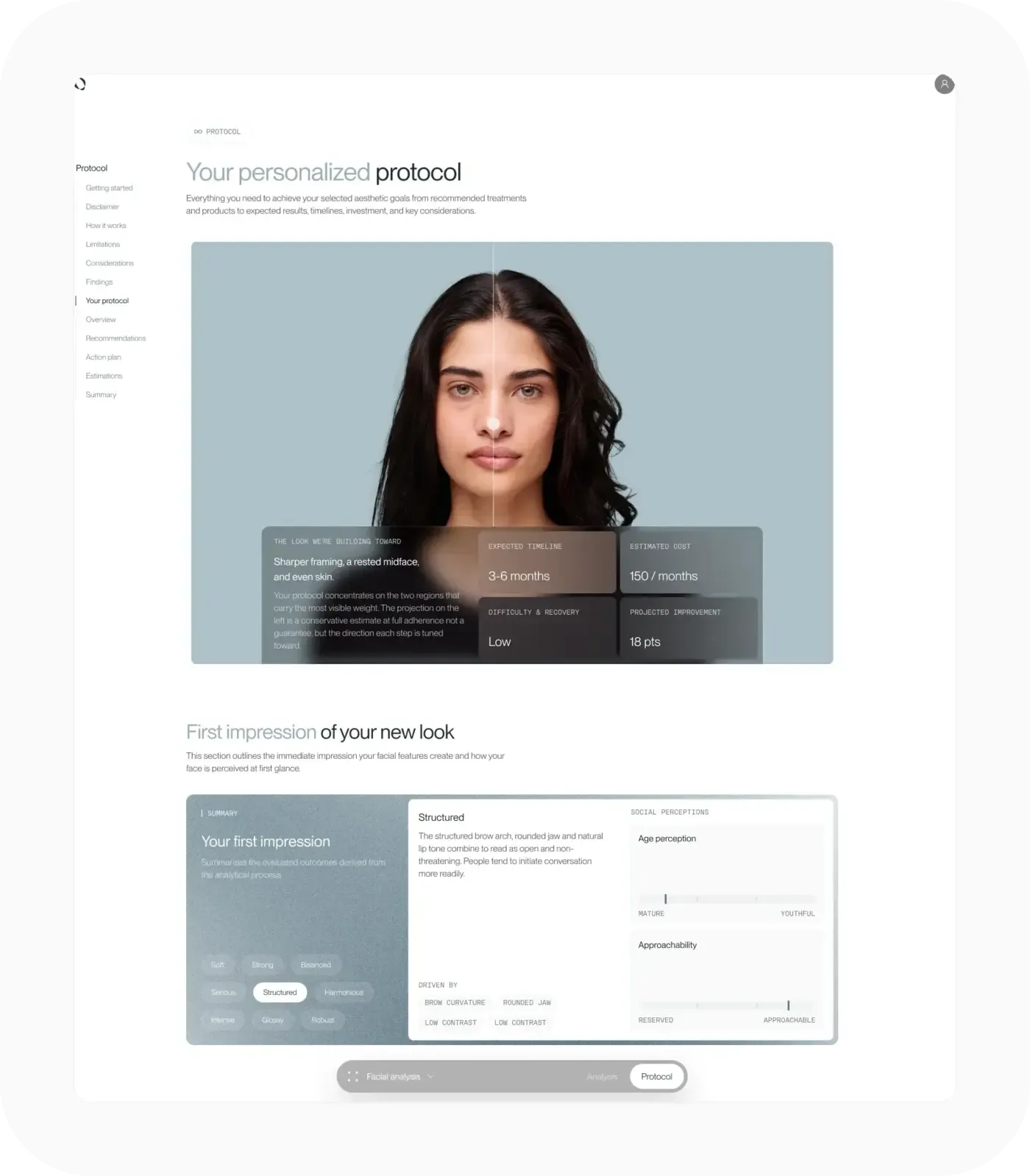 QOVES personalized protocol page showing a projected look, an expected timeline and an estimated cost