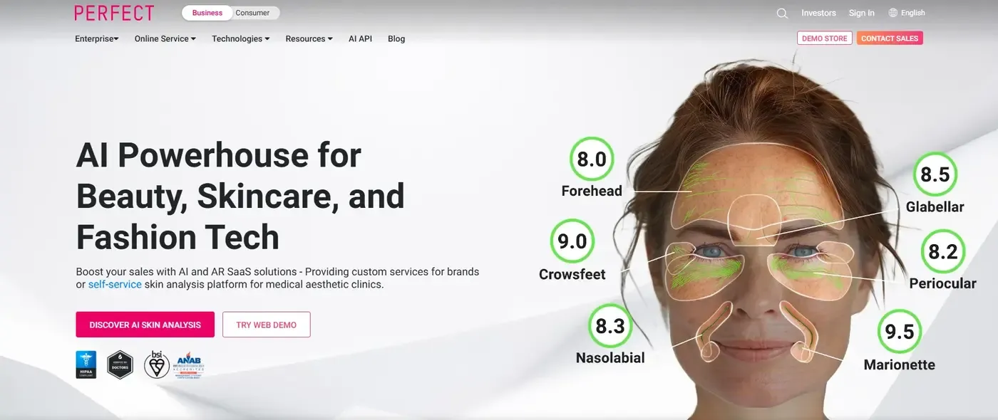 Perfect Corp business homepage scoring wrinkle regions on a model's face: forehead 8.0, glabellar 8.5, crowsfeet 9.0, periocular 8.2, nasolabial 8.3 and marionette 9.5