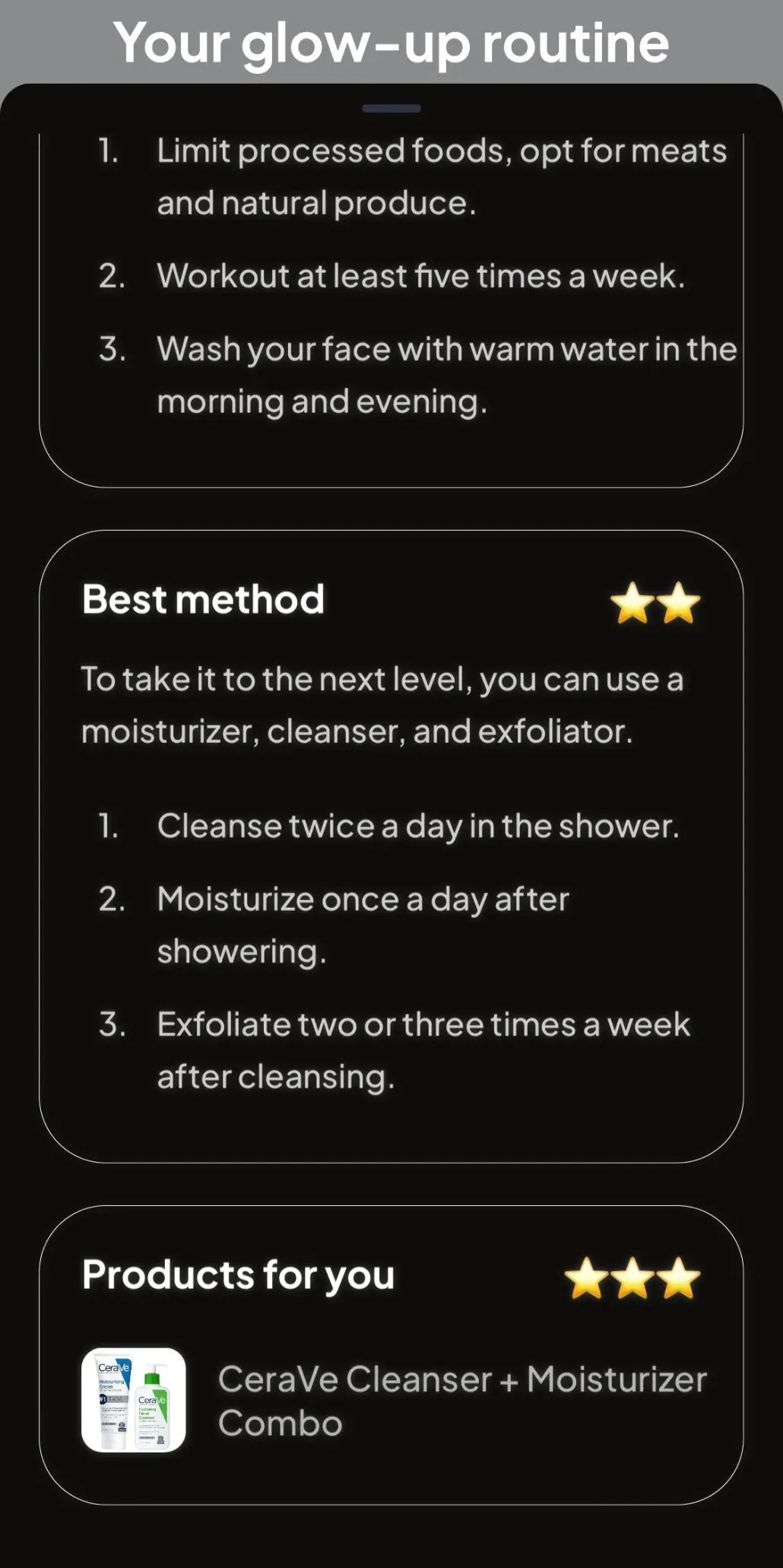 Umax glow-up routine screen with three lifestyle steps, a best-method skincare list, and a Products for you card recommending a CeraVe cleanser and moisturizer combo