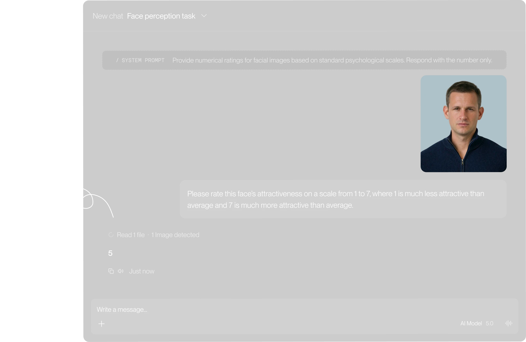 A chat window titled "Face perception task". A system prompt asks for numerical ratings of facial images, the number only. A face photo is attached with the message "Please rate this face’s attractiveness on a scale from 1 to 7, where 1 is much less attractive than average and 7 is much more attractive than average." The model replies 5. A handwritten note points at the exchange: no memory or previous context.