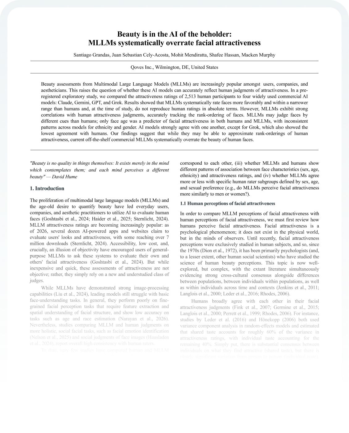 First page of the preprint, titled “Beauty is in the AI of the beholder: MLLMs systematically overrate facial attractiveness”