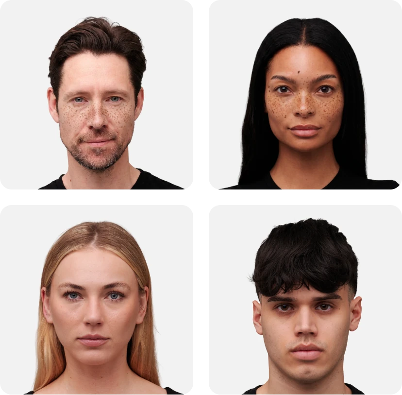 Group A sample: four faces from the study set, two shown with freckles and two without